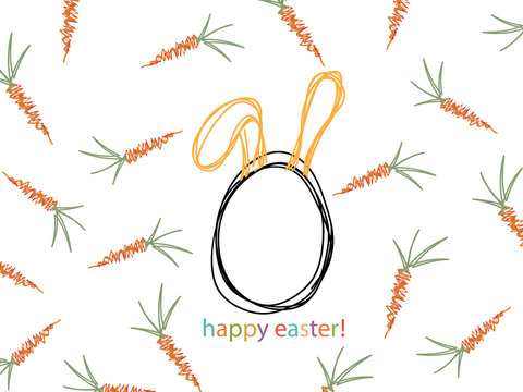Background image of orange carrot with green leaves, Easter eggs with rabbit ears.