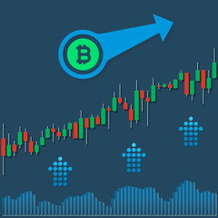 Bitcoin growing market chart with volumes and up arrows on blue background. Eps10 vector file.
