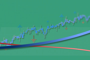 Market chart growth trend with long shadows on green grid background. 3D illustration with dof effect.
