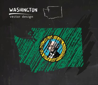 Washington map with flag inside on the blackboard. Chalk sketch vector illustration