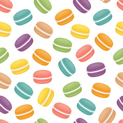 Modèle sans couture avec macarons. Gâteau aux macarons colorés. Style plat, illustration vectorielle.