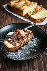Delicious homemade pear pie on a wooden background