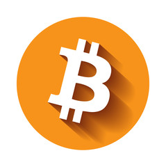 Crypto currency Bitcoin flat vector logo, icon for web, sticker for print. Bitcoin blockchain cryptocurrency.