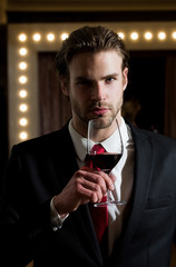 sommelier or man hold wine glass, meeting and relax