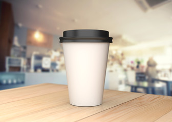 Coffee cup on the wood table with blurred background. 3D illustration