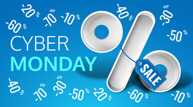 Cyber Monday sale website display with 3d percentage symbol.