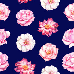 Watercolor seamless pattern with white, pink and red peony flowers on blue background.