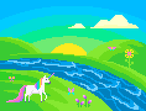 Pixel scene with a unicorn.