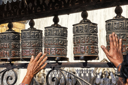 Spinning Prayer wheels, Swayambhunath, Kathmandu, Nepal