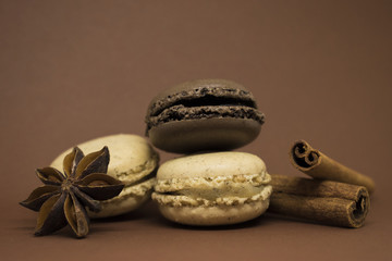 Vanilla and chocolate spicy macaroons with cinnamon sticks and anise on warm brown background. French sweets.