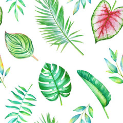 Fototapeta na wymiar Seamless watercolor pattern with green tropical leaves isolated on white background.