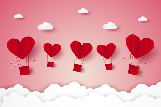 Valentines day , Illustration of love , red heart hot air balloons flying on sky , paper art style