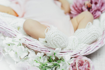 Close up of tiny baby feet newborn