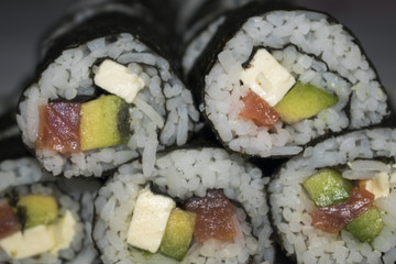 Sushi roll sushi with prawn, avocado, cream cheese, sesame. Sushi menu.