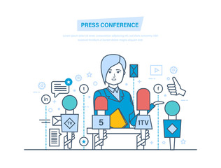 Press conference. Communications, live report dialogue, interviews, questions, media, news.
