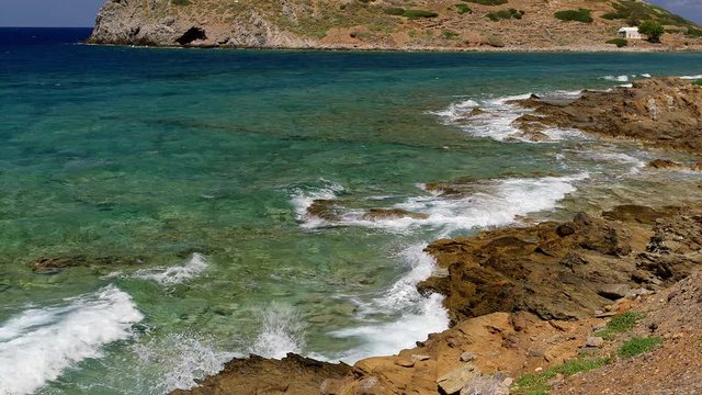 Waves Crash Onto Rocks; Elounda To Sitia 2; Gulf Of Mirabello, Crete, Greece