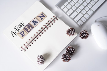 Notebook,computer keyboard,pinecones and alphabet blocks written with text ACTION PLAN on white background.