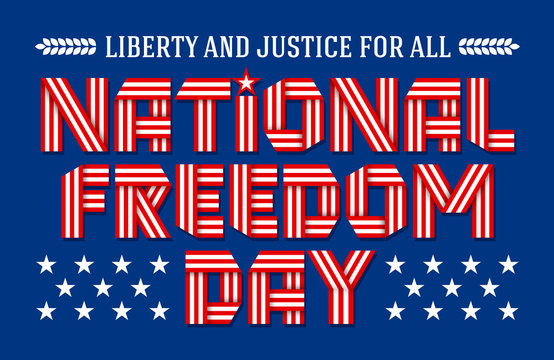 National Freedom Day greeting card. Text made of interlaced ribbons with USA flag stripes. Vector illustration.