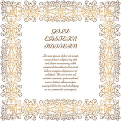 Gold square frame. Ornate vignette for Your design cards, invitations. Element in Arabic style. Vector illustration.