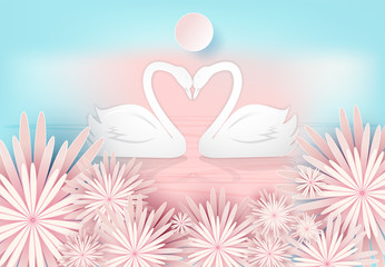 Swan couple and pink floral paper art style, Valentine concept paper craft style illustration
