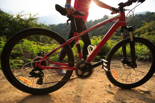 Riding mountain bike on forest trial during sunrise