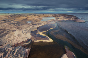 Wild nature. The shoreline of Ladoga Lake in Karelia. Russia. The Republic of Karelia. Wild nature of Russia.