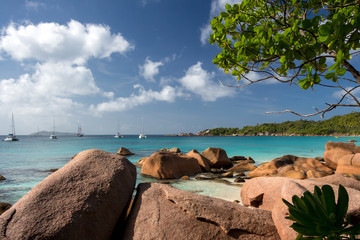 Rocky beach Anse Lazio with blue water and green tree at Praslin island, Seychelles