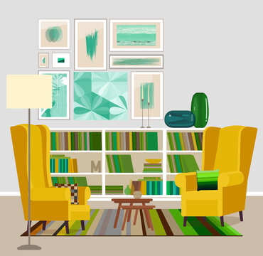 The design of the living room with fashionable furniture. Vector illustration of a flat style.
