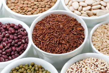 assortment of various legumes in bowls, closeup