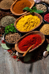 assortment of various spices and herbs on a wooden background, vertical closeup