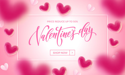 Valentines day sale poster of valentine balloon and paper hearts pattern on pink background. Vector Valentines day shop now discount promo banner design template