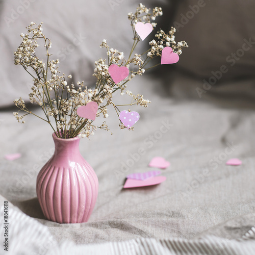 Valentines Day Decoration With Copy Space Dried Flowers In Pink