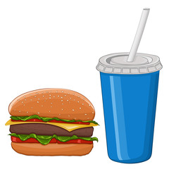 Hamburger and drink. Colored illustration
