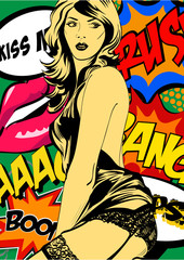 Pop art woman face. Comic woman with speech bubble. Vector illustration.