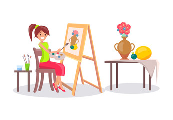 Girl Drawing Still Life Picture of Vase and Fruits