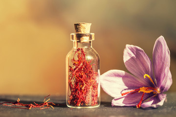 Dried saffron spice and Saffron flower