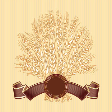 Hand drawn wheat sheaf on beige background with brown elegant banner