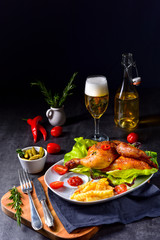 fried chicken with chips and salad