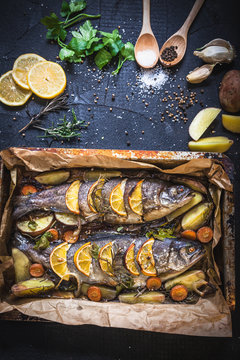 Salmon and ingredients for cooking and seasoning