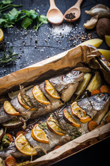 Salmon and ingredients for cooking and seasoning