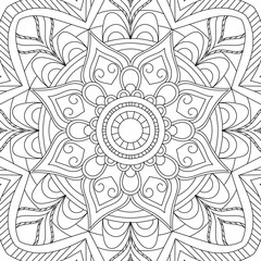 Flower circular mandala for adults. Coloring book page design. Anti stress black and white vintage decorative element. Monochrome oriental ethnic pattern. Hand drawn isolated vector illustration.