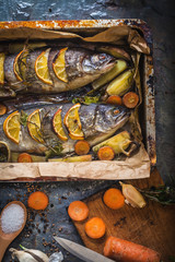 Salmon and ingredients for cooking and seasoning