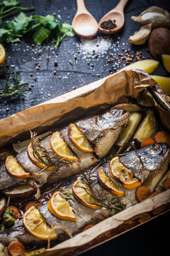 Salmon and ingredients for cooking and seasoning