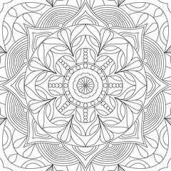 Flower circular mandala for adults. Coloring book page design. Anti stress black and white vintage decorative element. Monochrome oriental ethnic pattern. Hand drawn isolated vector illustration.