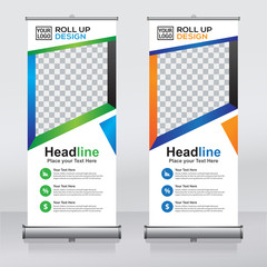 Roll up banner design template, vertical, abstract background, pull up design, modern x-banner, rectangle size. 