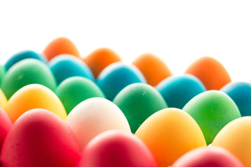 Easter concept painted eggs on white table for holiday with place for text pattern with frame