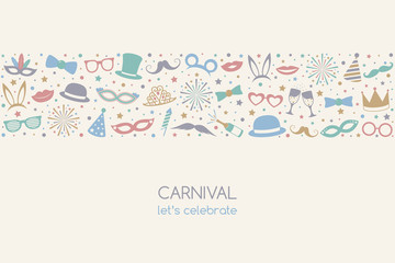 Carnival - let's celebrate. Funny banner with costumes and masks. Vector.