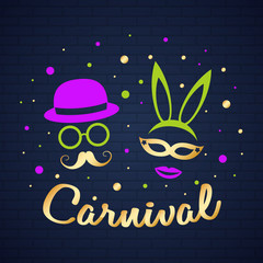 Fototapeta premium Carnival card with funny masks - poster for Carnival Party. Vector.