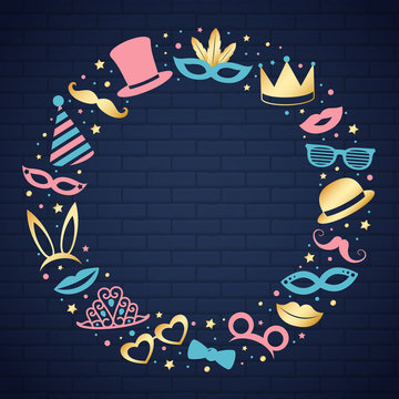 Party, photobooth, carnival or birthday - concept of background with funny costumes and copuyspace. Vector.