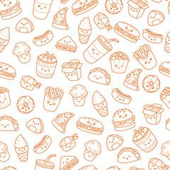 Set of vector cartoon doodle icons junk food. Illustration of comic fast food. Seamless texture, pattern, wallpaper, background